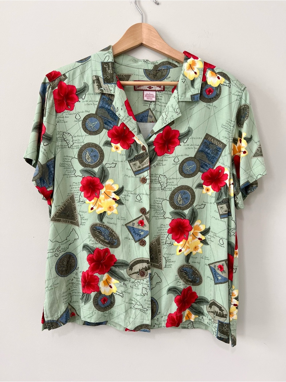 Vintage Caribbean Joe Rayon Map Shirt Women’s L Camp Beach Hibiscus Y2K